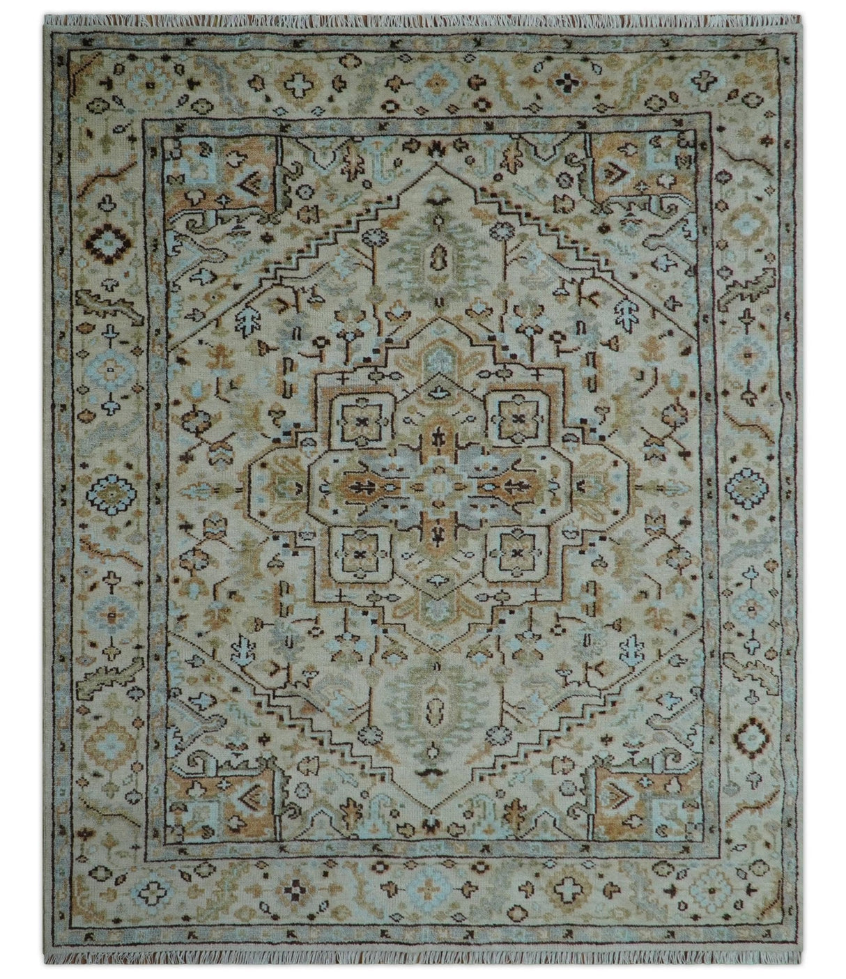 8x10 Hand Knotted Traditional Design Beige And Blue Wool Rug