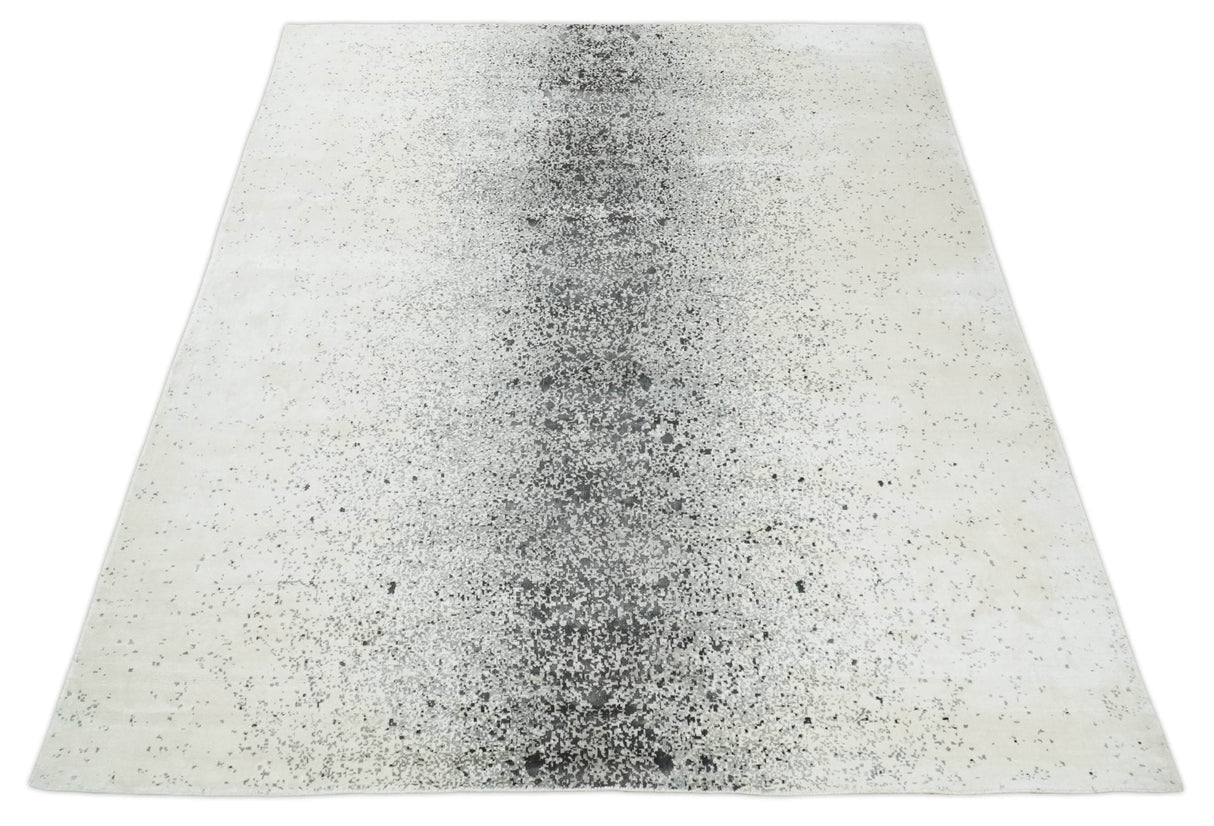 8x10 Ivory and Charcoal Modern Abstract Handmade Art Silk Area Rug