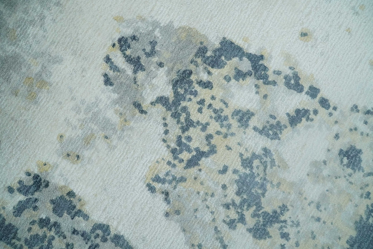 8x10 Ivory, Teal and Beige Modern Abstract Hand Loomed Blended wool and Art silk Area Rug