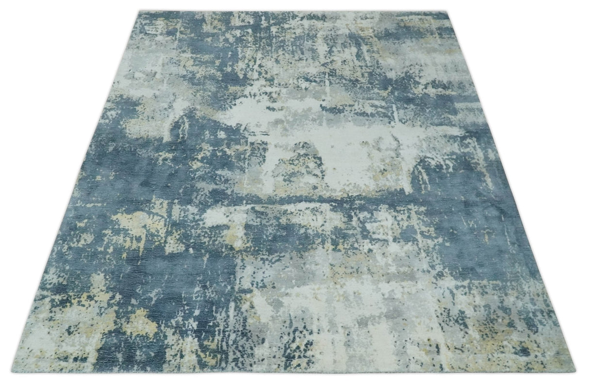 8x10 Ivory, Teal and Beige Modern Abstract Hand Loomed Blended wool and Art silk Area Rug