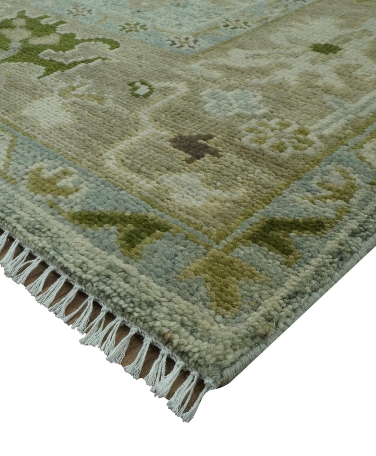 8x10 Silver and Green Hand Knotted Traditional Oushak wool area rug