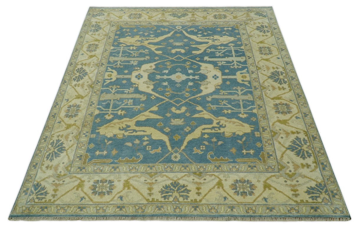 8x10 Teal, Olive and Beige Hand Knotted Traditional Oriental Oushak wool area rug