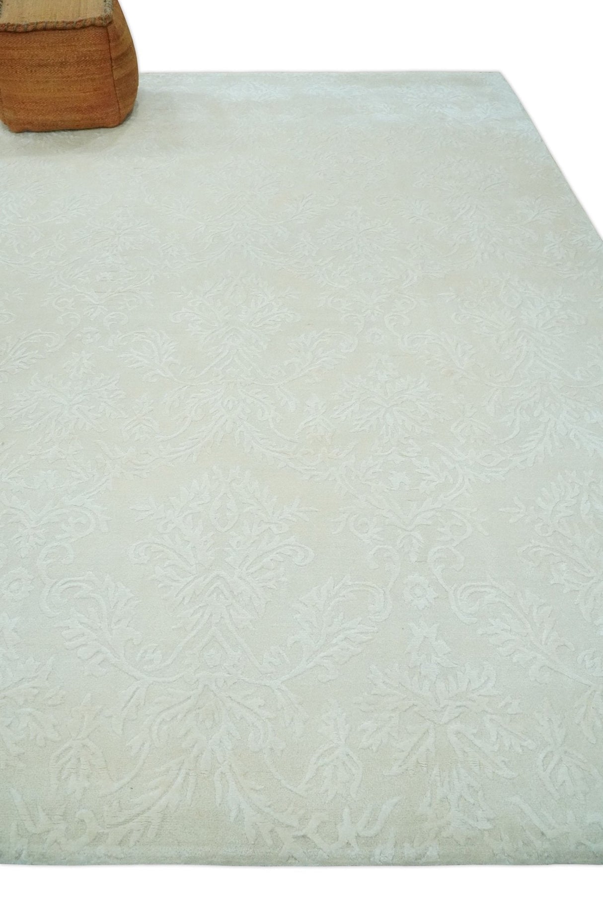8x11 Beige and Silver Hand Woven and Carved Modern Art Silk Area Rug