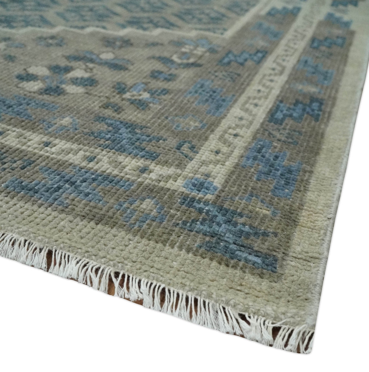 8x9.9 Gray, Ivory and Beige Honeycomb Traditional Hand Knotted Wool Area Rug