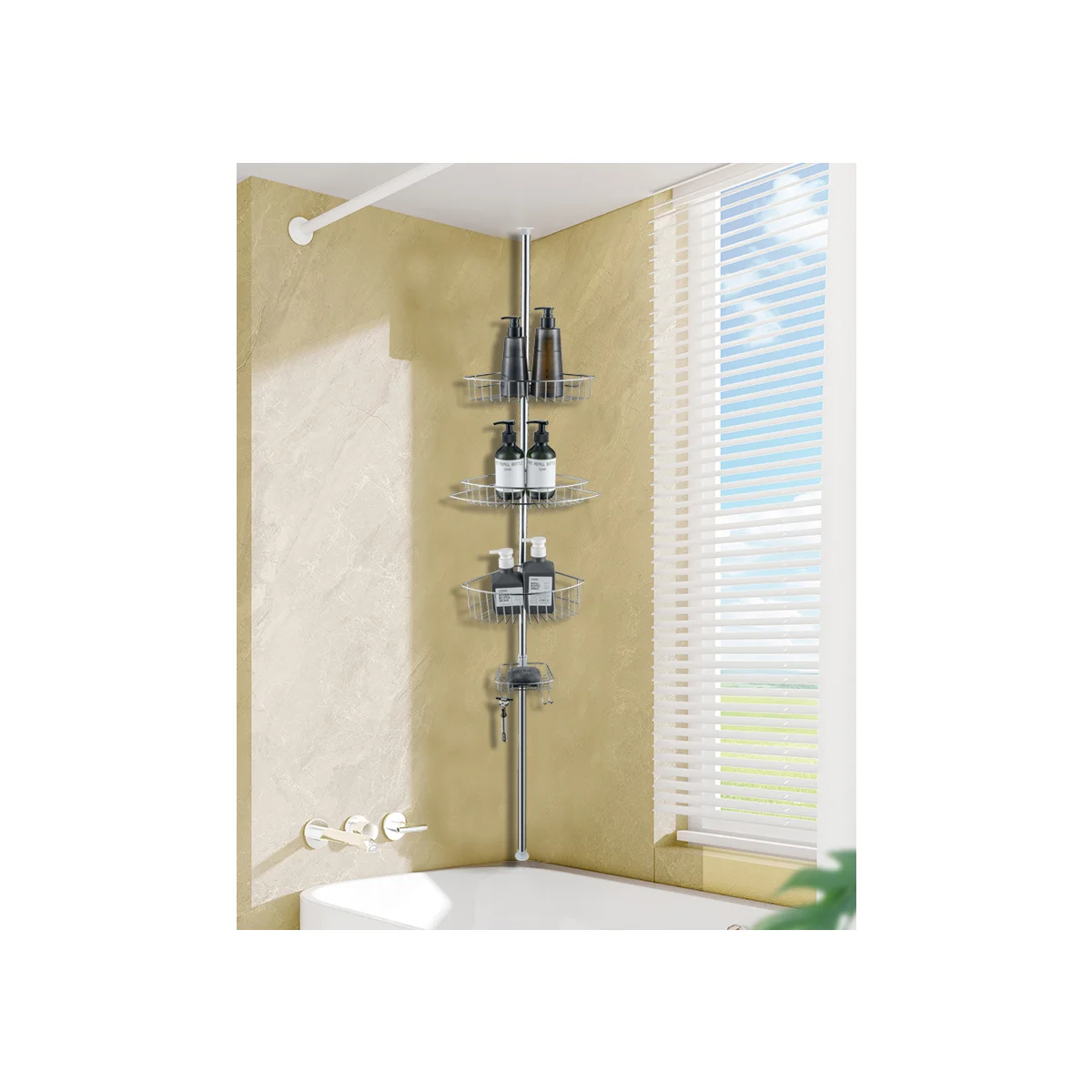 4 Tier Rustproof Shower Caddy Corner Organizer with Adjustable Shelves and Tension Pole