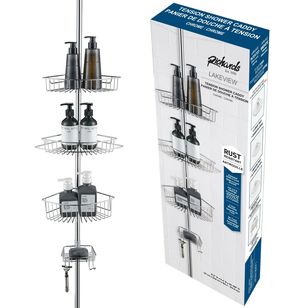 4 Tier Rustproof Shower Caddy Corner Organizer with Adjustable Shelves and Tension Pole