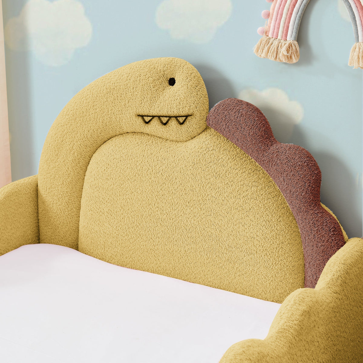 Twin Size Cute Dinosaur-Shaped Kids Bed with Safety Guardraild, Solid Wood Toddler Bed Frame for Children for Bedroom, Boucle Fabric