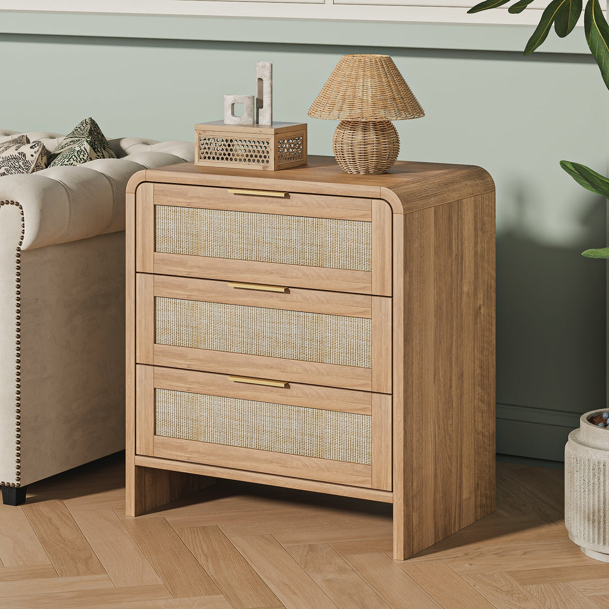 Rattan Nightstand with 3 Drawers set of 2, 22.8' Wide Curved Wooden Bedside Table, Modern Storage for Bedroom, Caramel Oak.