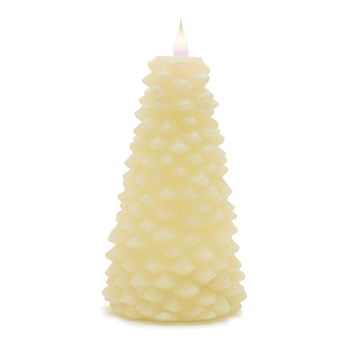 White glittered pine tree candle 8"h