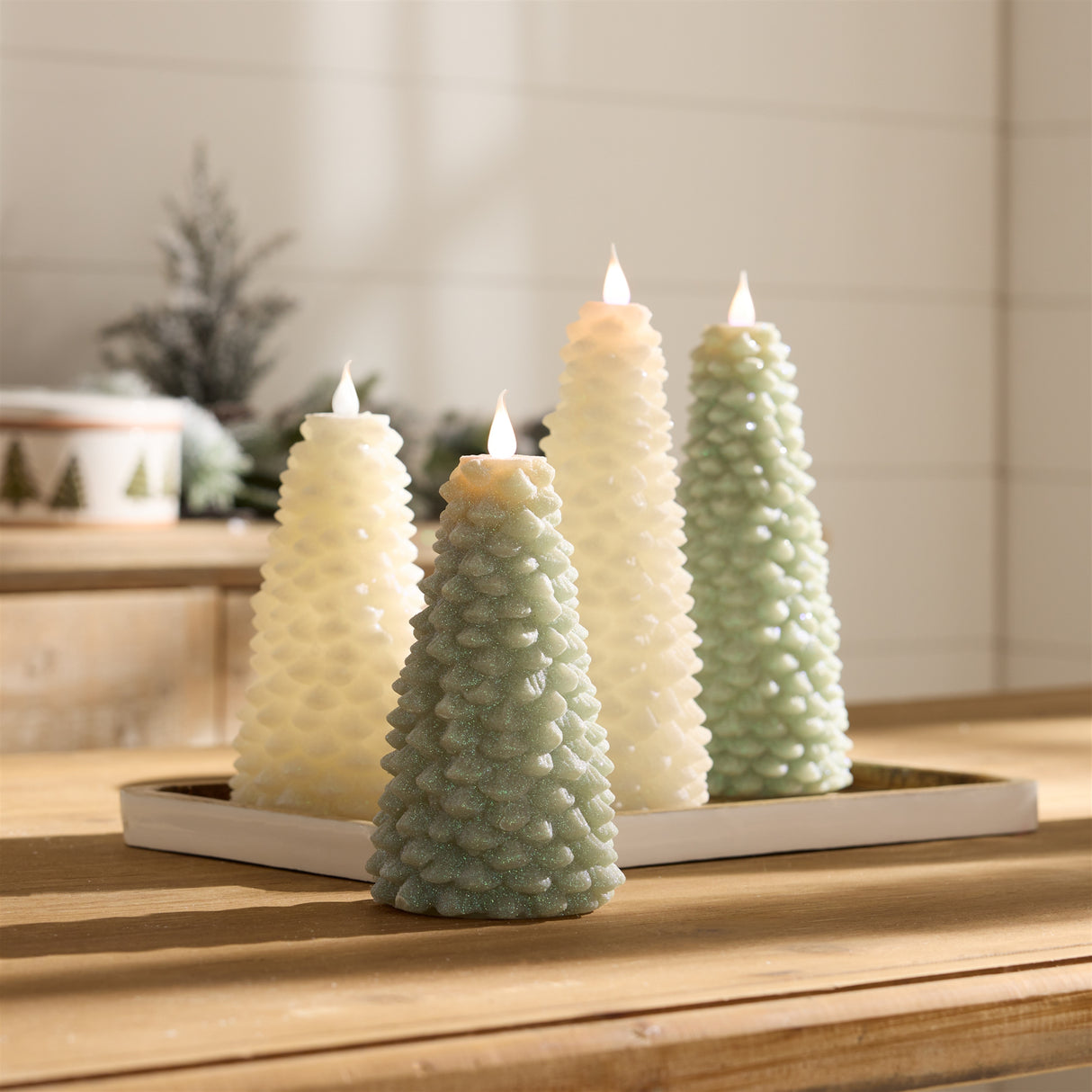 White glittered pine tree candle 8"h