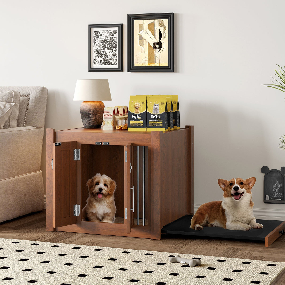 2 in 1 Walnut Dog Crate Night Stand with Storage