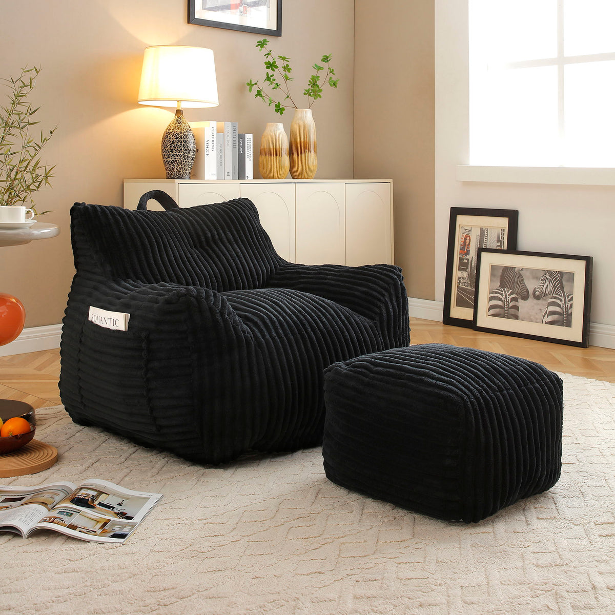 Giant Bean Bag Chair With Armrests And Footstool