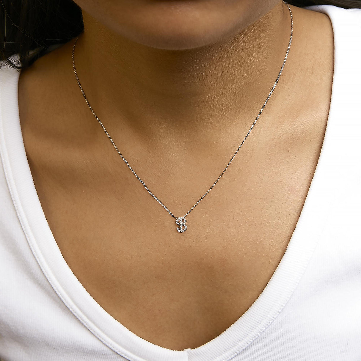 14K White Gold Diamond Accent "A-Z" Initial Script Style Pendant Necklace