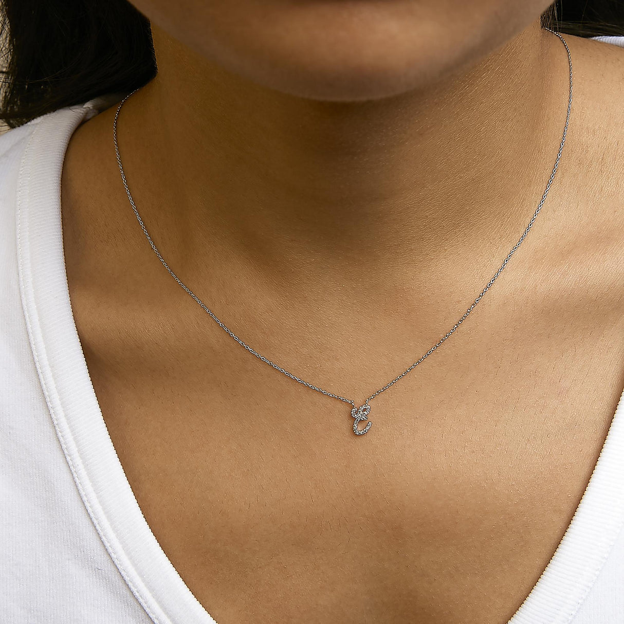 10K White Gold Diamond Accent A-Z Initial Script Style Pendant Necklace