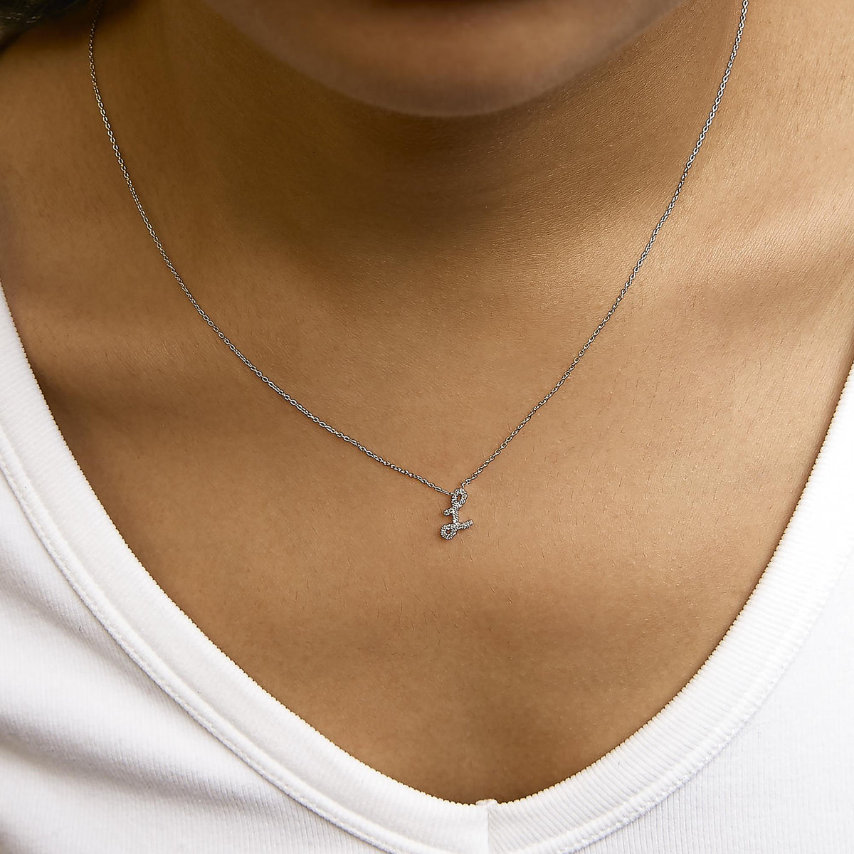 10K White Gold Diamond Accent A-Z Initial Script Style Pendant Necklace