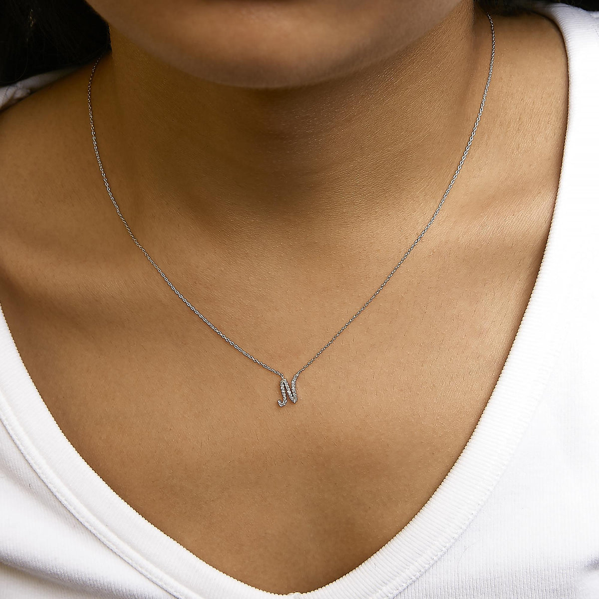 10K White Gold Diamond Accent A-Z Initial Script Style Pendant Necklace