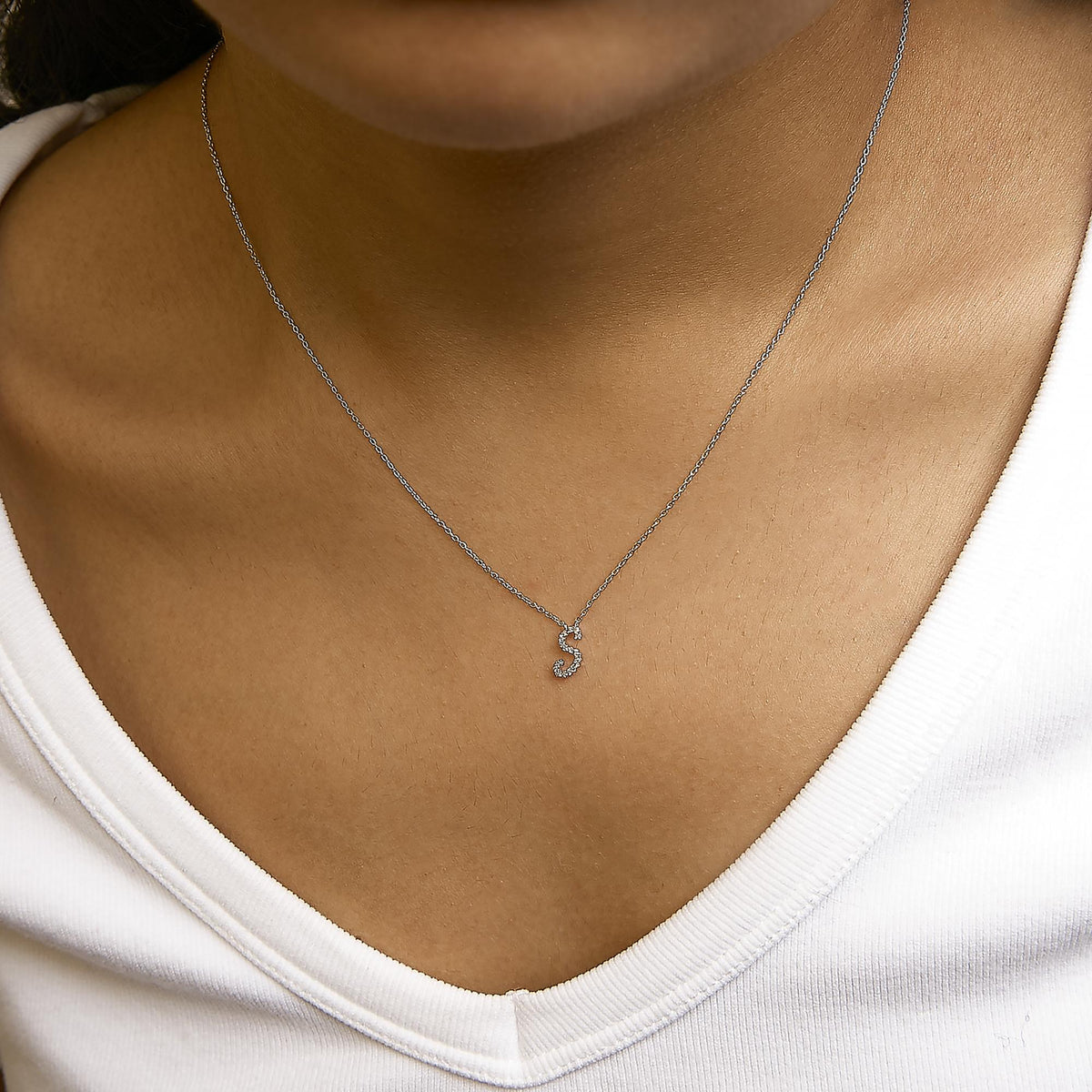 10K White Gold Diamond Accent A-Z Initial Script Style Pendant Necklace