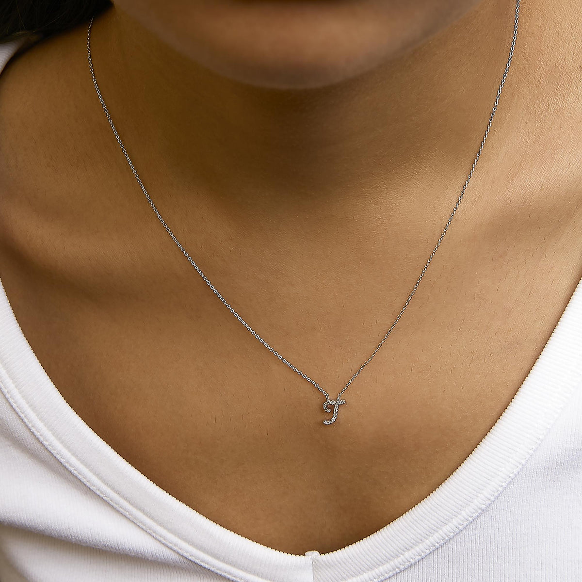 14K White Gold Diamond Accent "A-Z" Initial Script Style Pendant Necklace