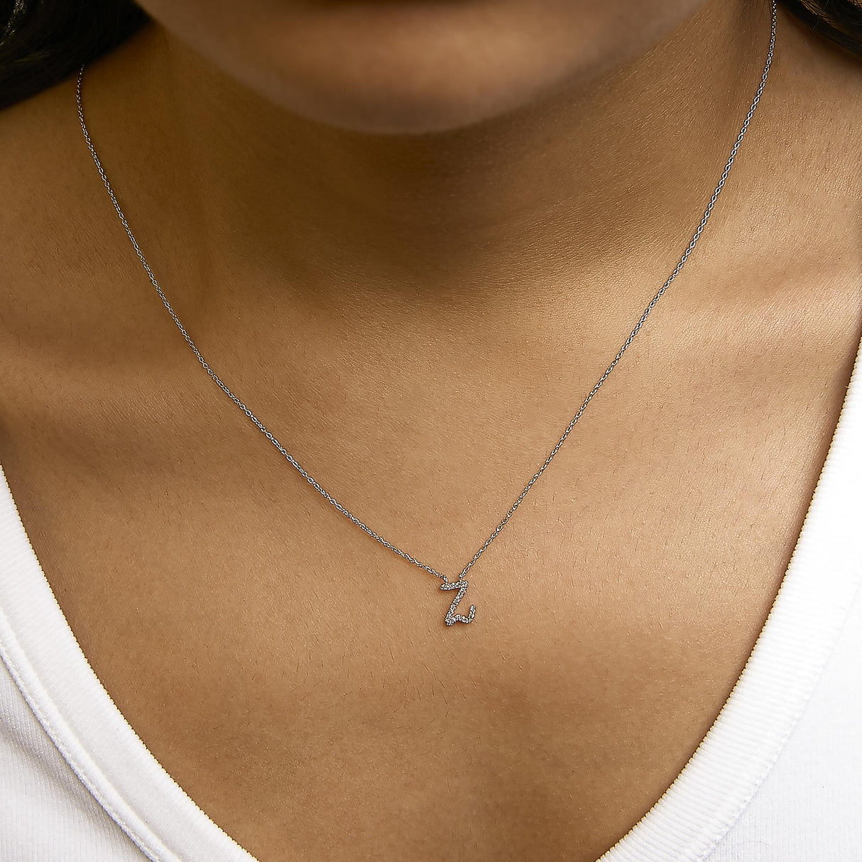 14K White Gold Diamond Accent "A-Z" Initial Script Style Pendant Necklace