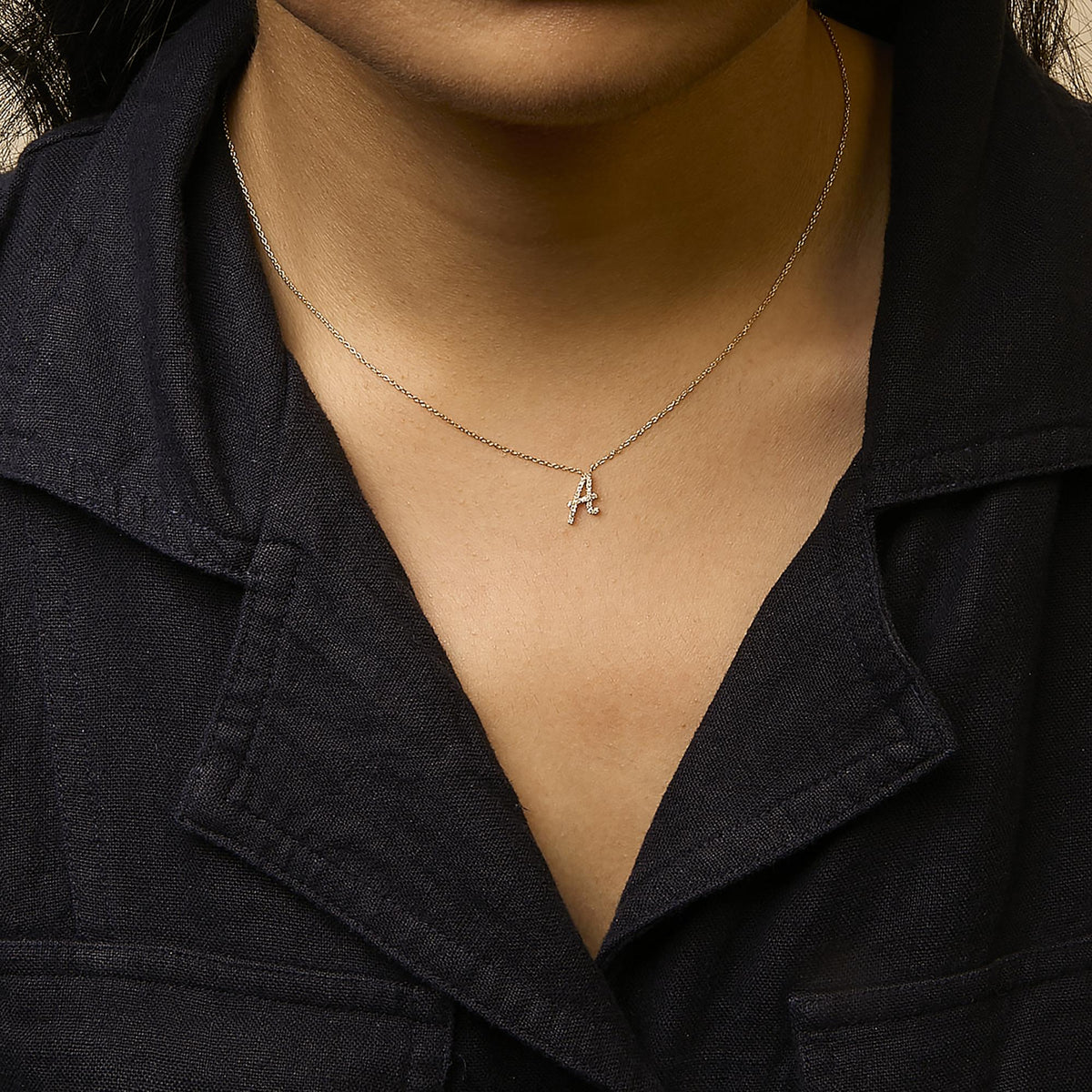 10K Yellow Gold Diamond Accent A-Z Initial Script Style Pendant Necklace