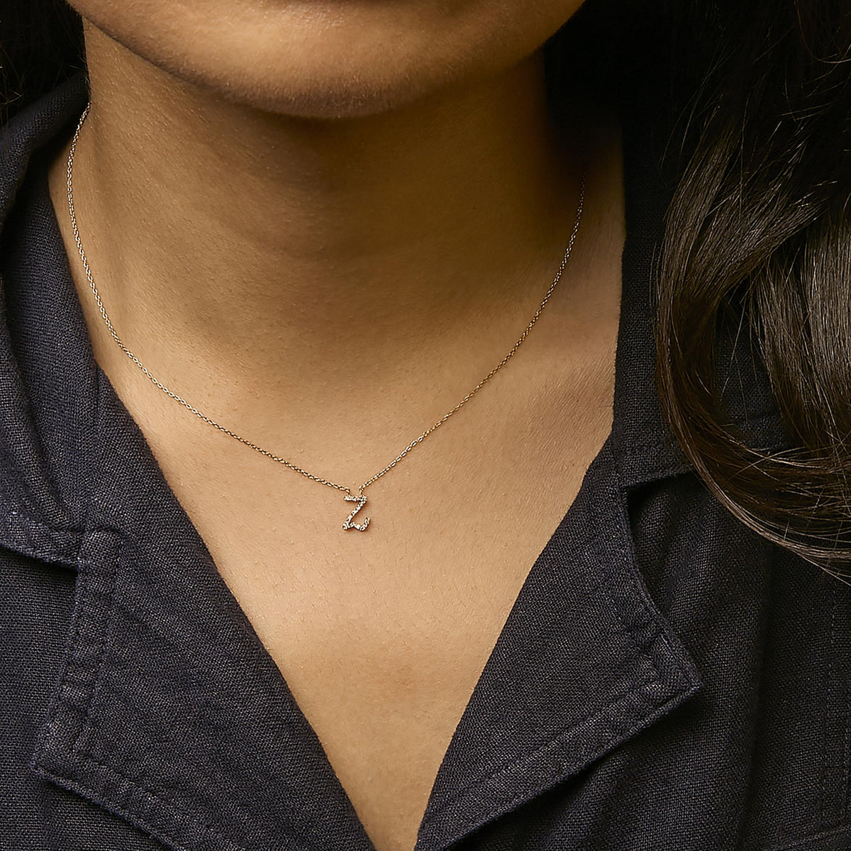 14K Yellow Gold Diamond Accent "A-Z" Initial Script Style Pendant Necklace