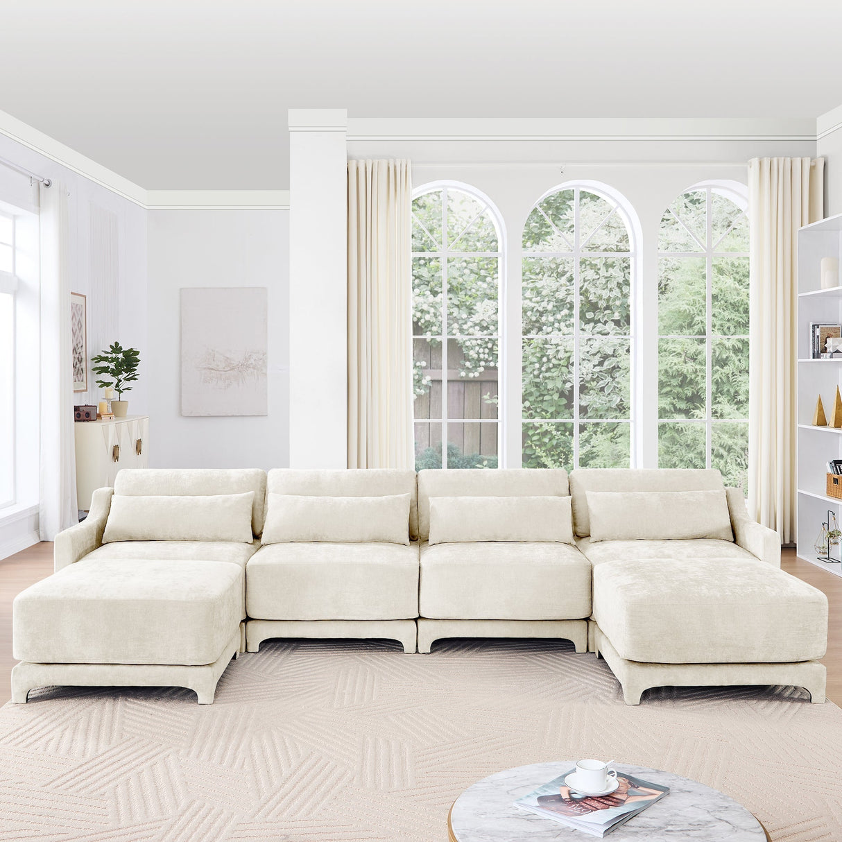 Elegant Four-Seater Sofa with Movable Ottoman and Lumbar PillowBeige
