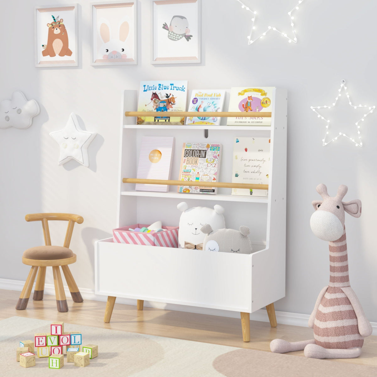 White Bookshelf Book Organizer with Toy Storage - White