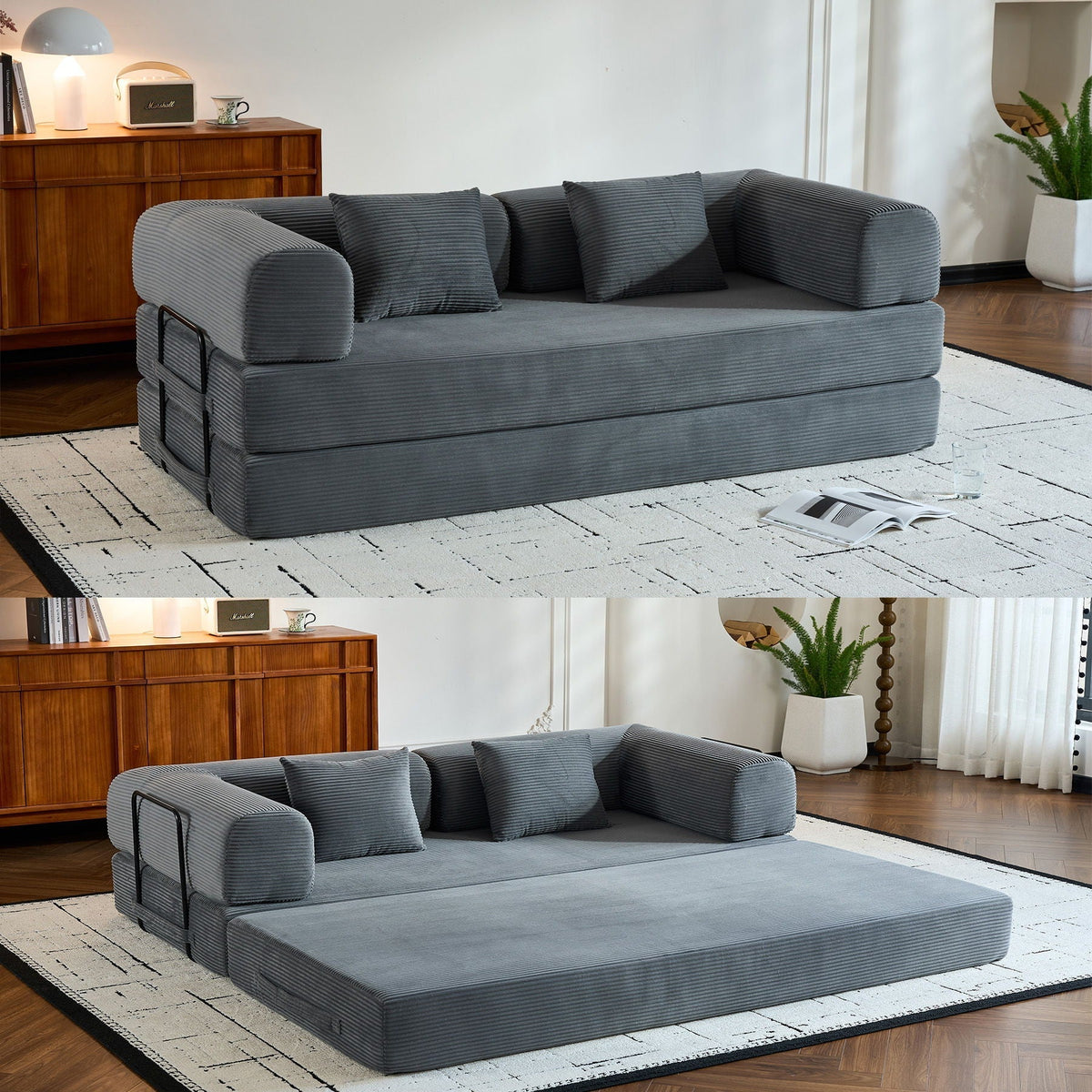 Convertible Sleeper Sofa Bed with Fixed Shape Frame and Cylindrical Pillow - Fabric