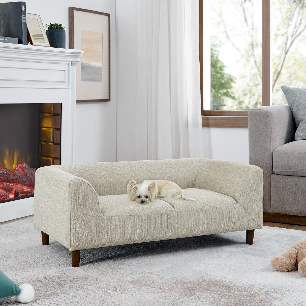 Modern-Rectangular-Pet-Sofa-with-Backrest-and-Armrests,-Beige-Linen-Pet-Bed