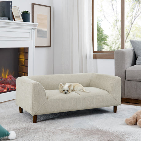 Modern-Rectangular-Pet-Sofa-with-Backrest-and-Armrests,-Beige-Linen-Pet-Bed