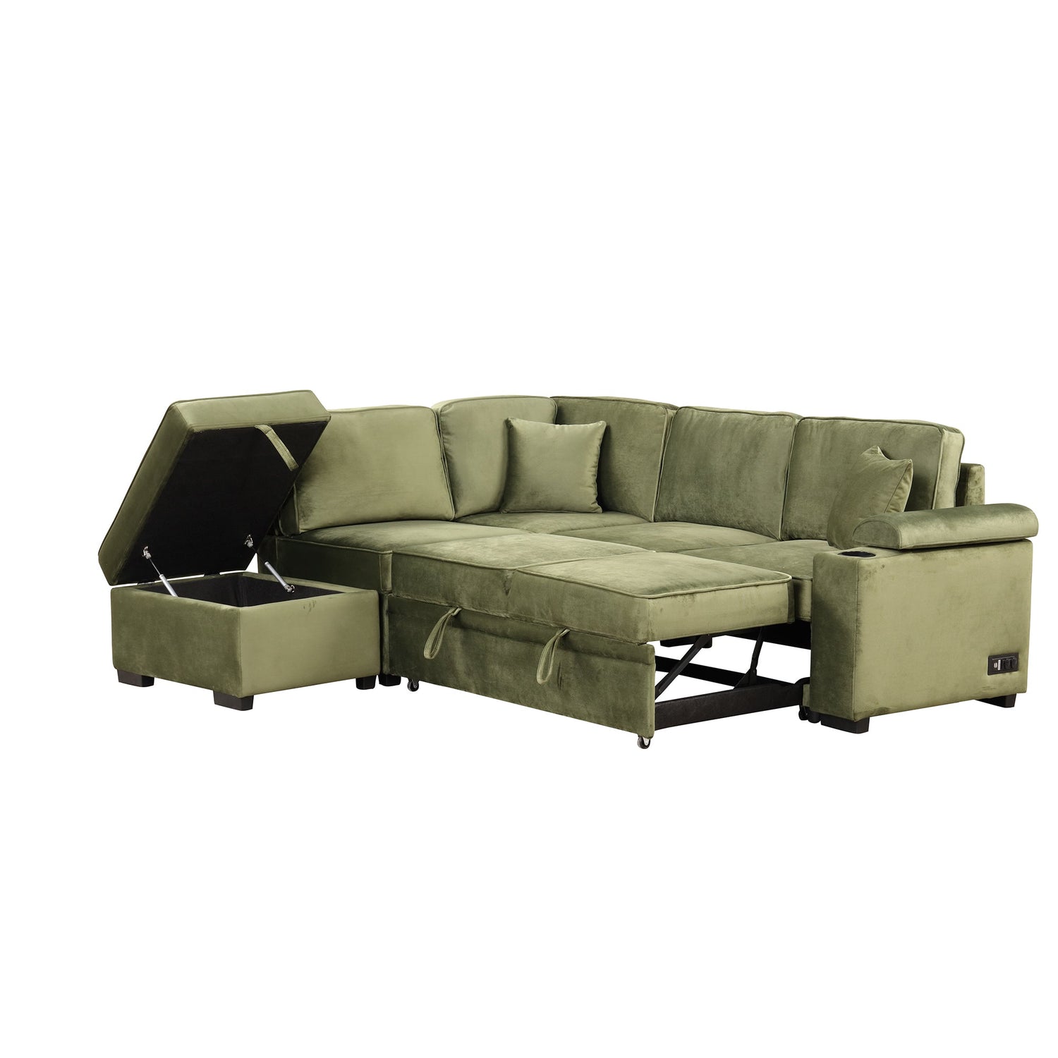 Virginia Green Velvet Convertible Sleeper Sofa with Hidden Storage Ottoman