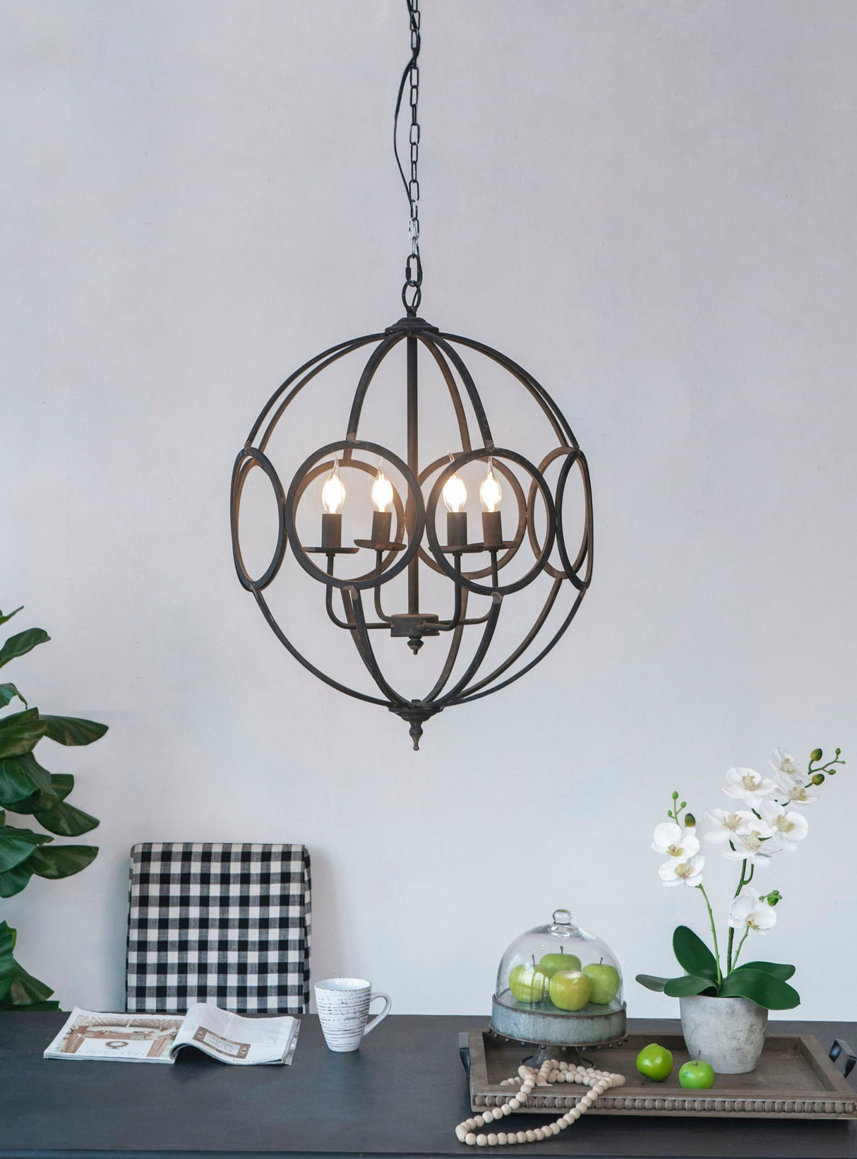 4 Light Metal Chandelier in Black Iron with Adjustable Chain