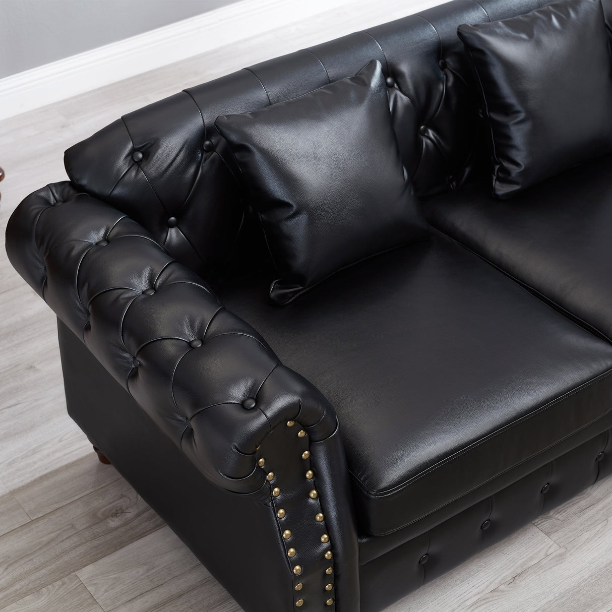 85.8' Living Room Chesterfield Sofa Classic Tufted Design Faux Leather PU Upholstered Sofa with Storage (Black)
