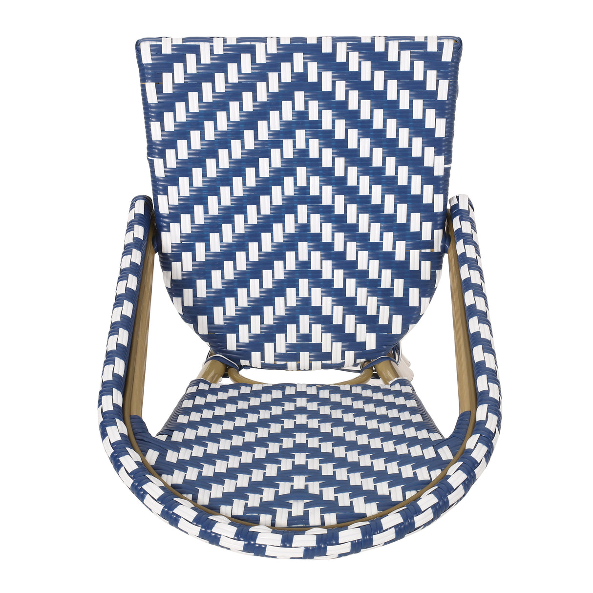 29.5" outdoor pe rattan french barstool, navy blue and white, aluminum frame with bamboo finish (set of 2)