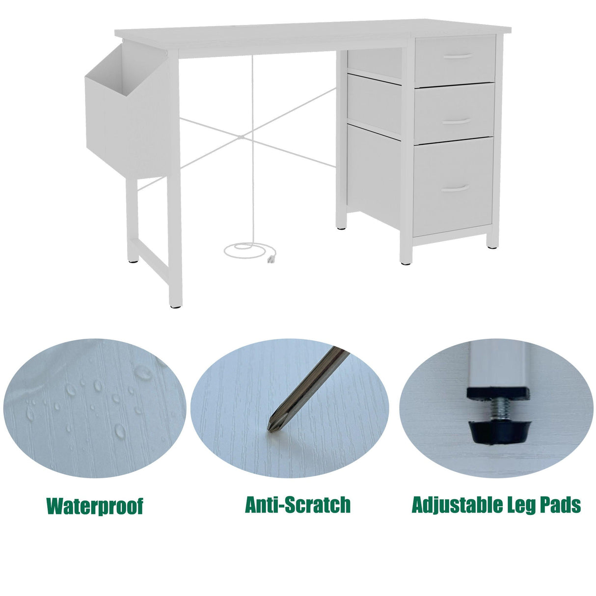 Office Desk With Power Outlet, 3 Drawers And Side Pocket For Office - White