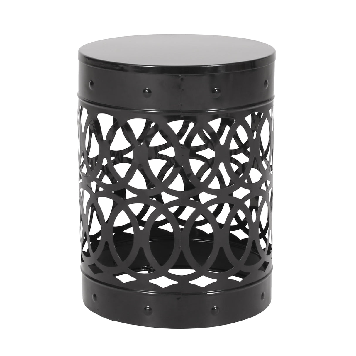 Modern Outdoor Metal End Table with Iron Cut Design in Black