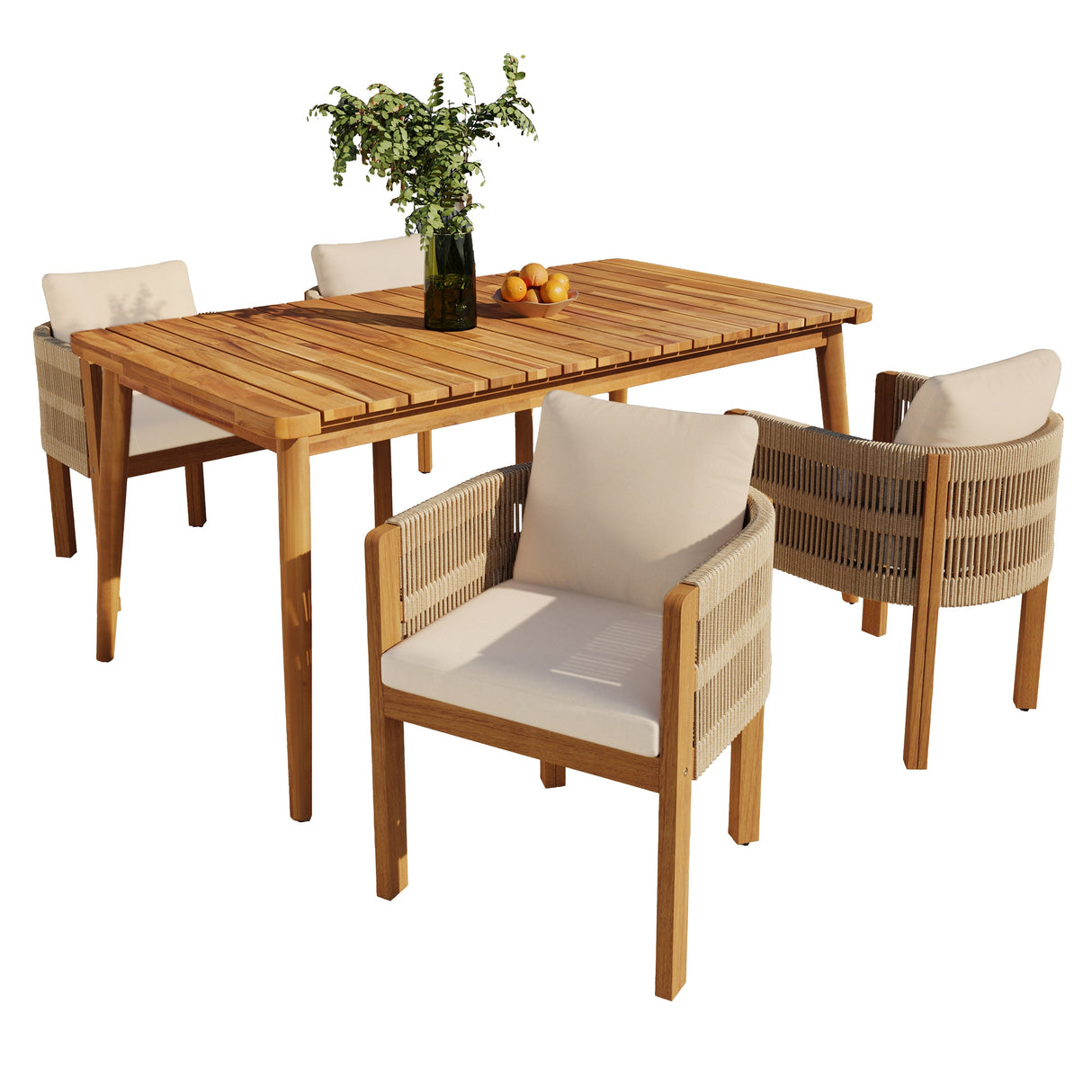 Outdoor Dining Set with Acacia Wood Table and 4 Chairs - Beige