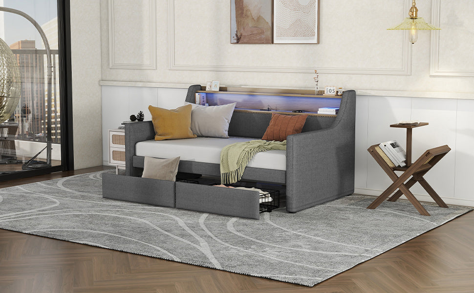 Twin Size Linen Upholstered Daybed with Storage Drawers and LED Lights