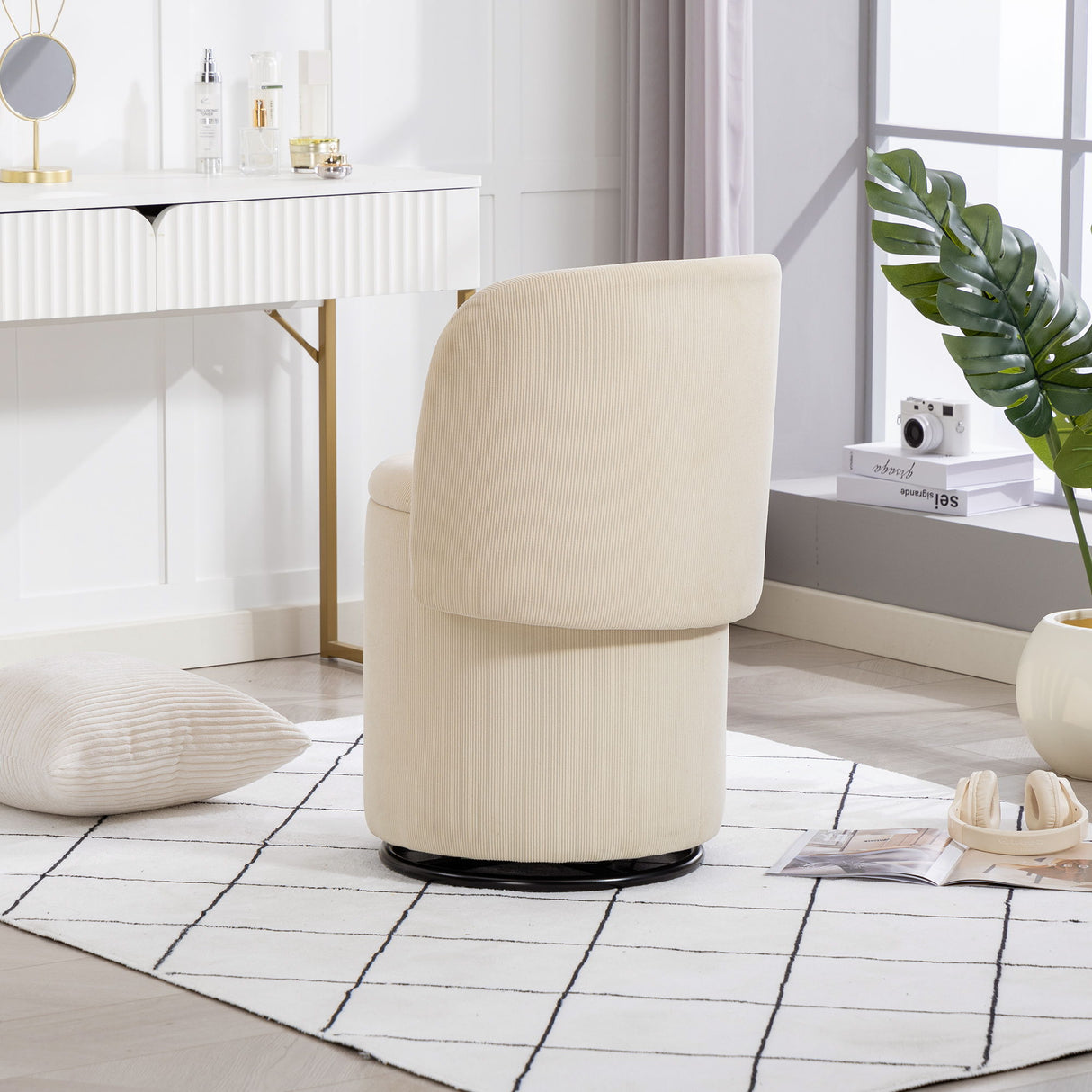 Barrel Chair, Built In Storage, 360° Swivel - Beige