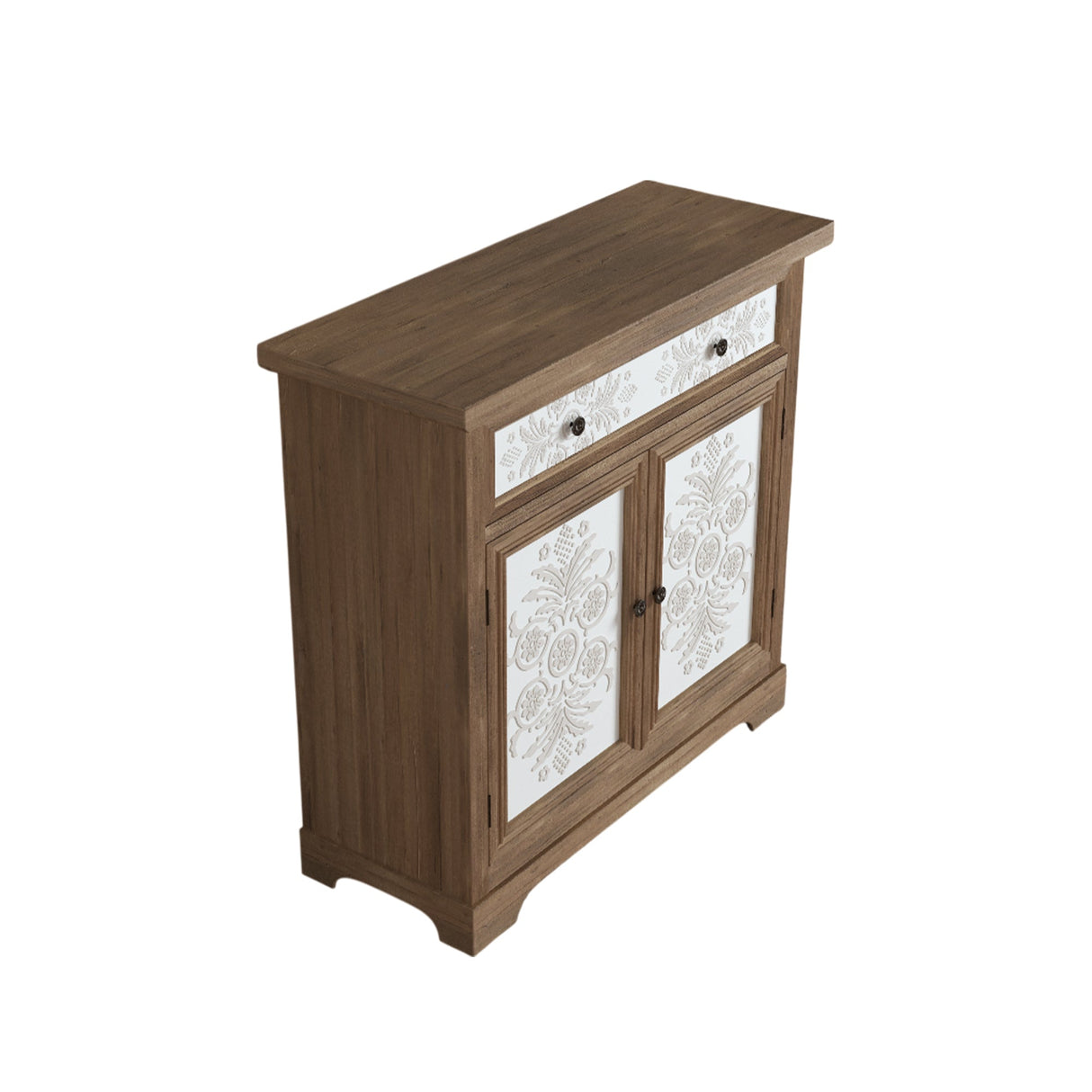 Rustic Vintage Accent Cabinet with Carved Floral Panels