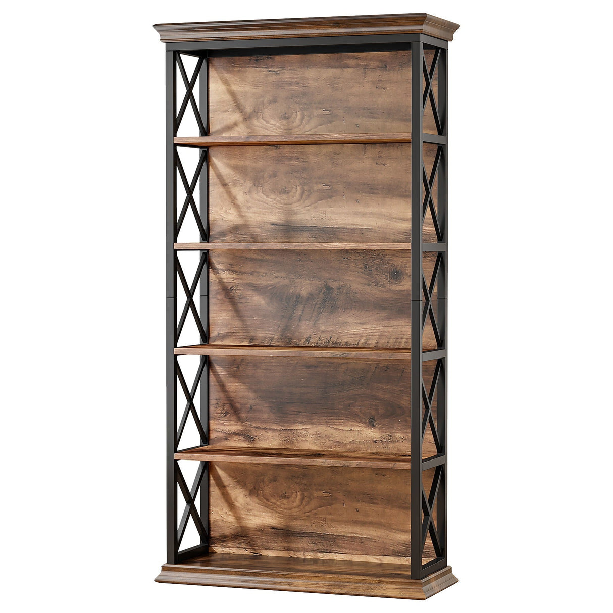 6 Tier Industrial Brown Bookshelf With X Pattern Design - Rustic Brown