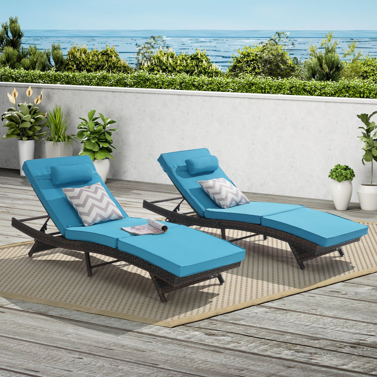 Outdoor Wicker Long Reclining Chair Set of 2 , Wicker Reclining Lounge Chair Lawn Sunbathing Chairs Recliner up to 150° Beach Poolside Garden