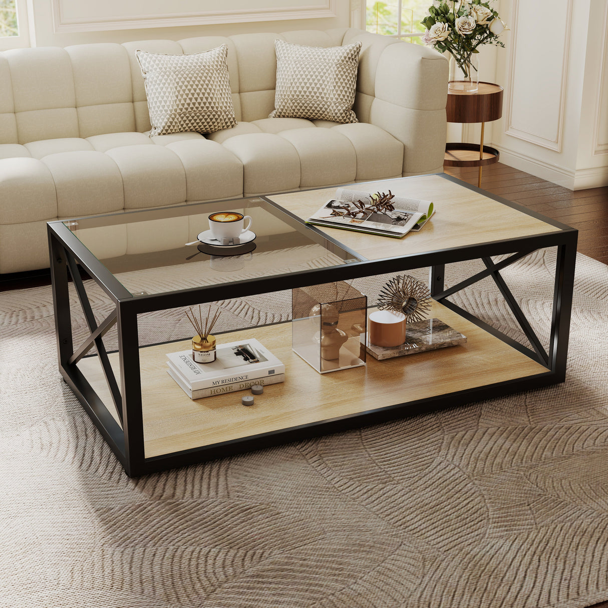 Modern Coffee Table with Tempered Glass and Natural Wood MDF Top