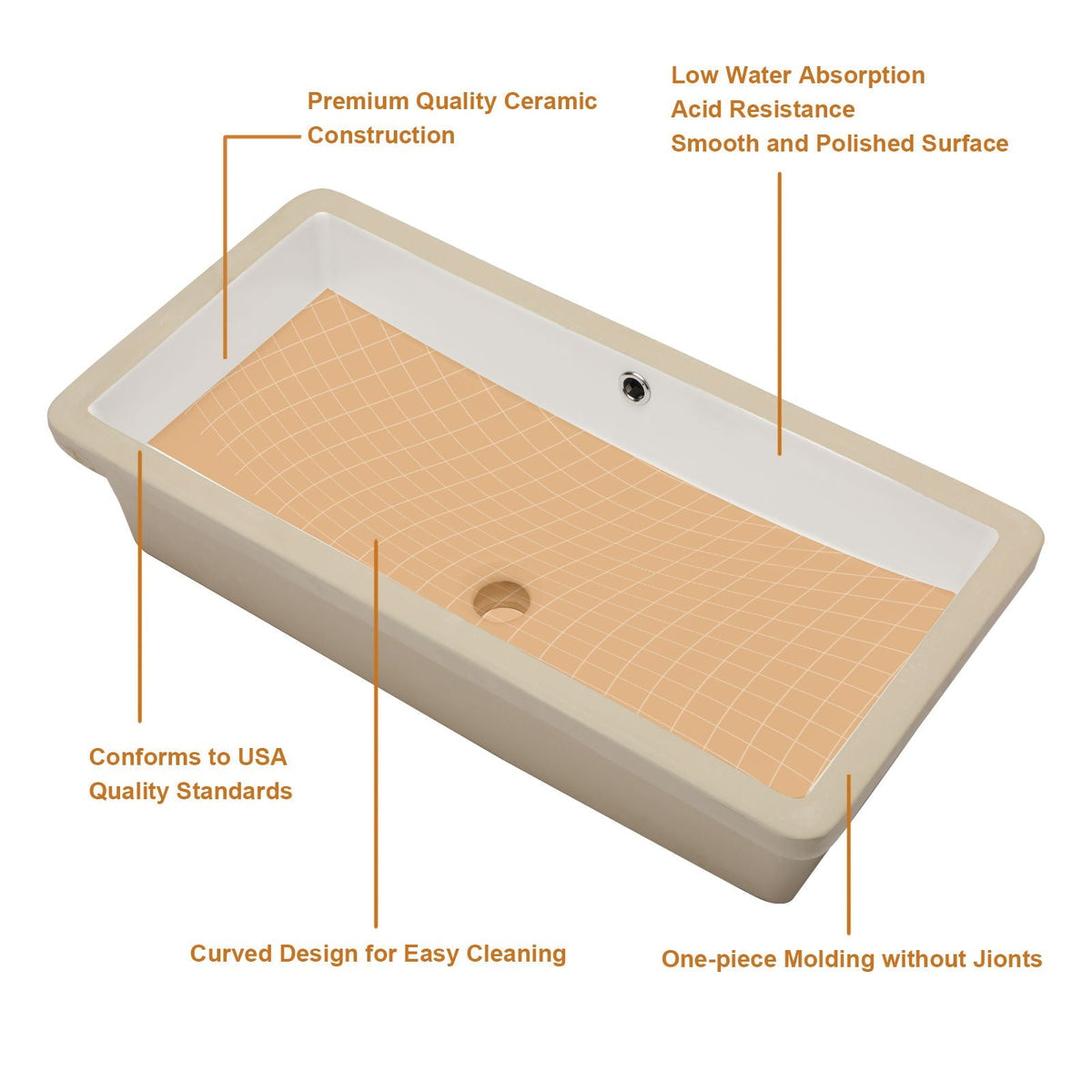 Modern Rectangular Undermount Bathroom Sink With Overflow Ceramic