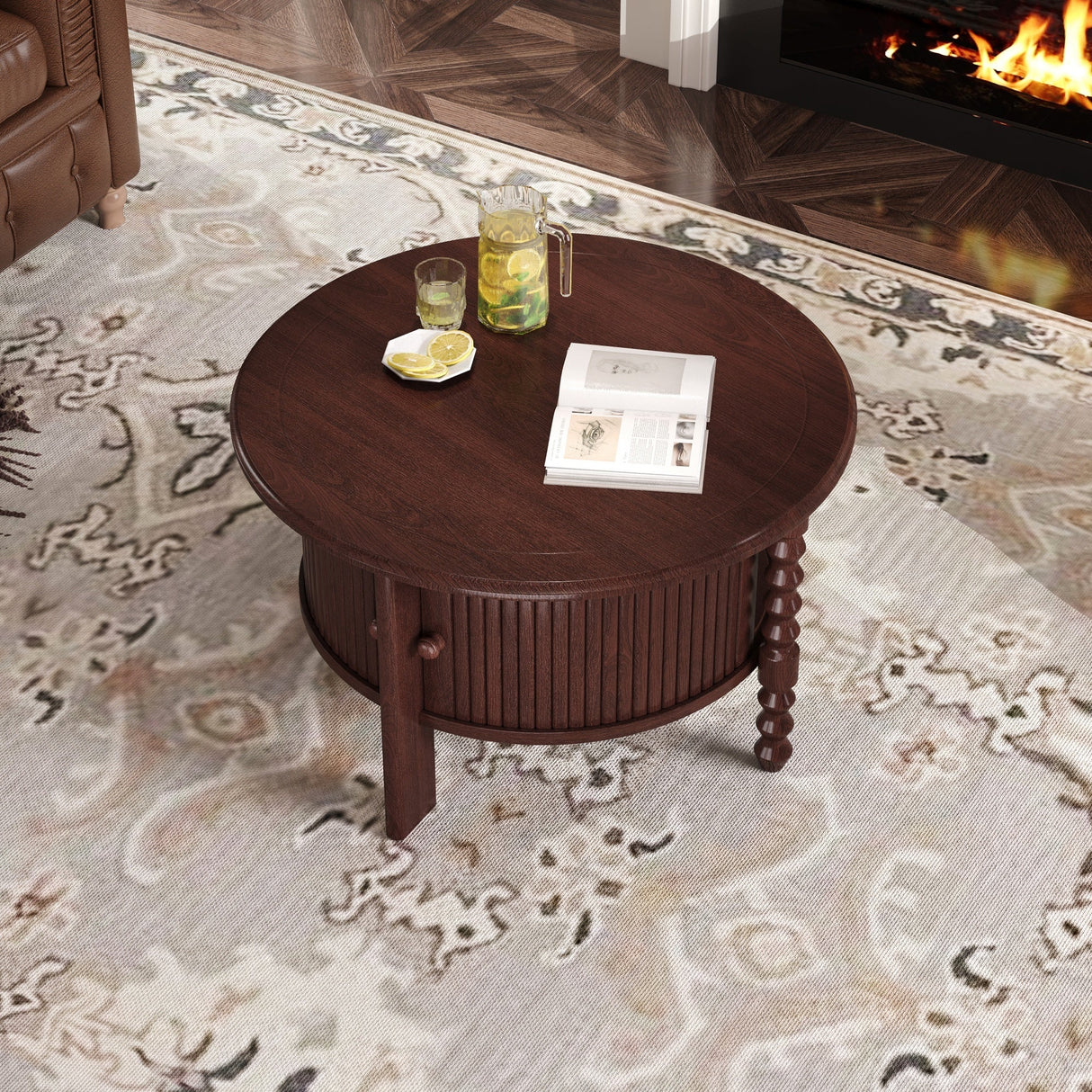 Vintage Round Coffee Table with Storage in Walnut