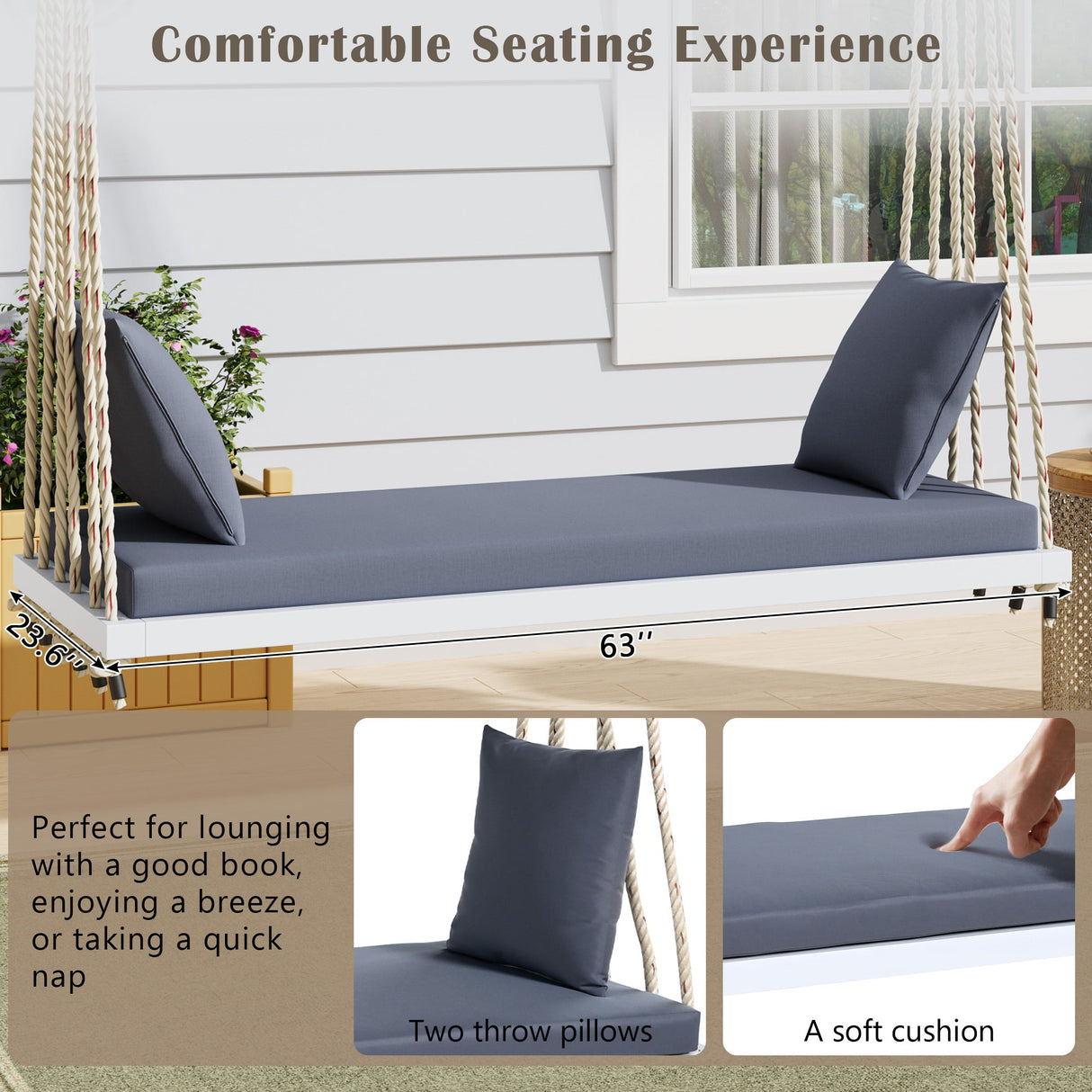 TOPMAX Patio Wooden Swing Chair with Cushion & Pillows