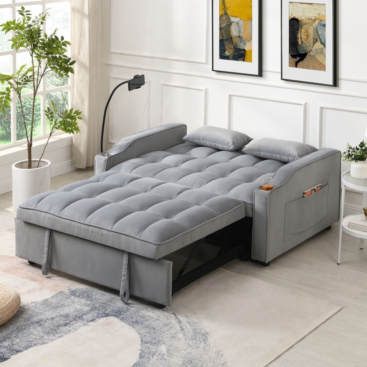 Modern Loveseat Futon Sofa With Pullout Bed, Adjustable Reclining Backrest, Toss Pillows