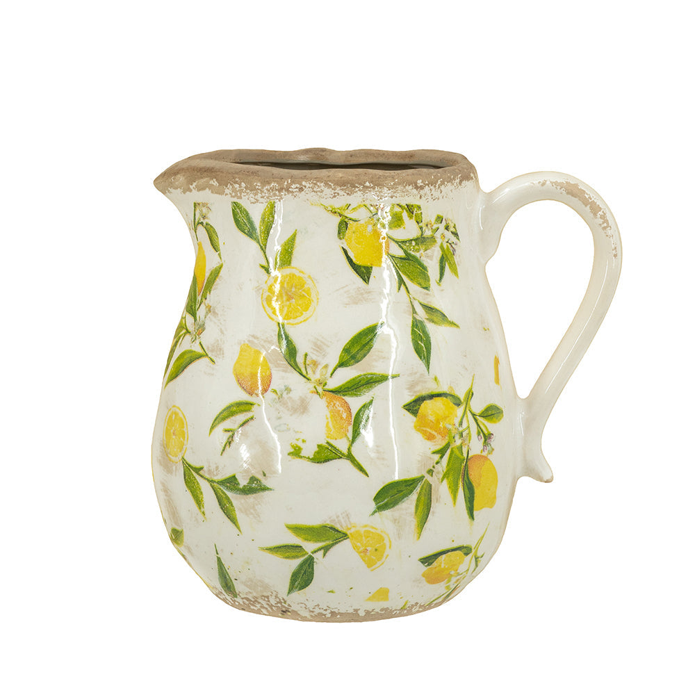 7.9x6.5x7.9" White Ceramic Pitcher Vase with Yellow Lemon Motif