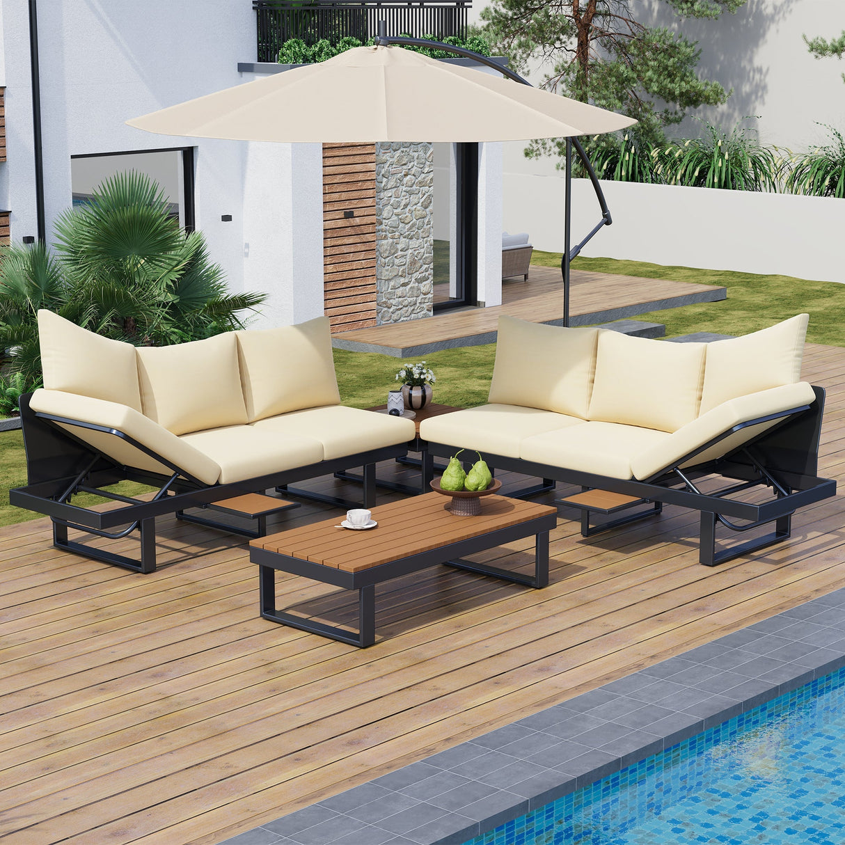 Outdoor Sectional Sofa Set with Adjustable Reclining Seats