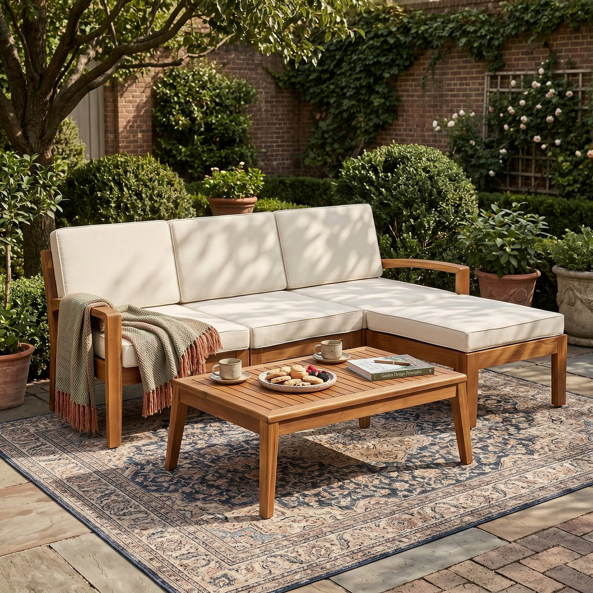 Outdoor L Shape 3pcs Acacia Wood Patio Sofa Set